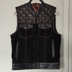 Motorbike Black Leather/Denim Bandana Liner Orange Thread Diamond Stitch VEST